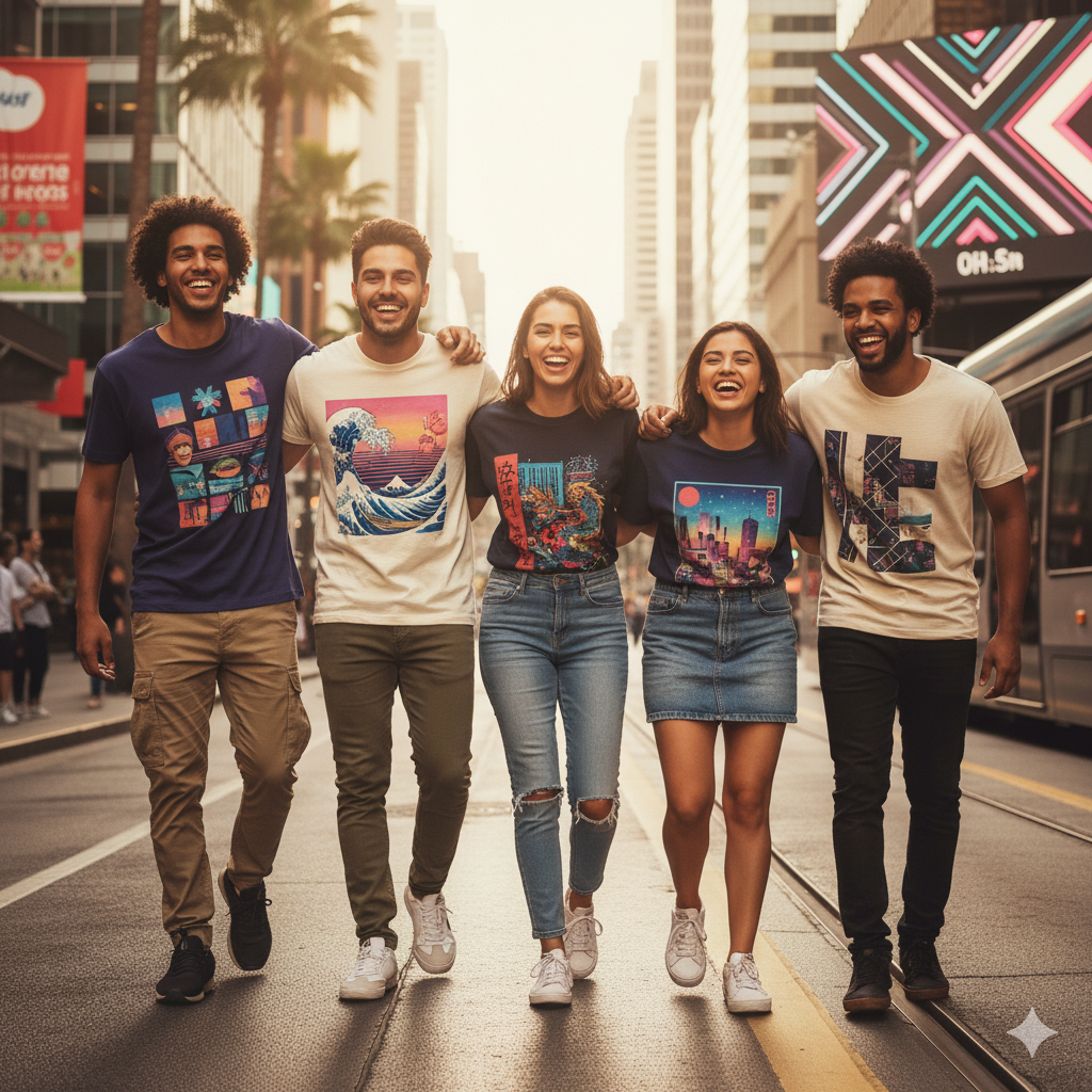 Nhom-ban-mac-ao-thun-cotton-in-hinh-cung-phong-cach Áo thun in hình cotton phù hợp với mọi phong cách thời trang